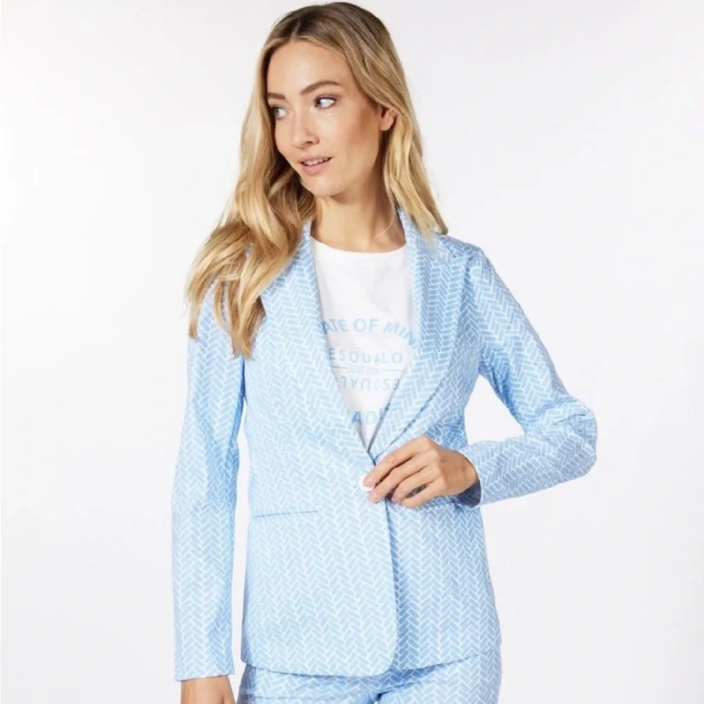 Esqualo Women’s 14 Stretch Block Print Light Blue & White Lightweight Blazer NWT